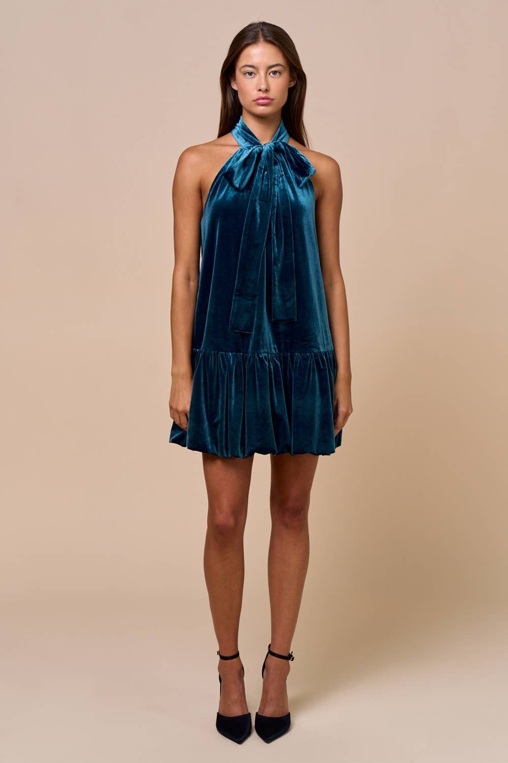 Lalavon Velvet Halter Bow Tie Bubble Hem Mini Dress