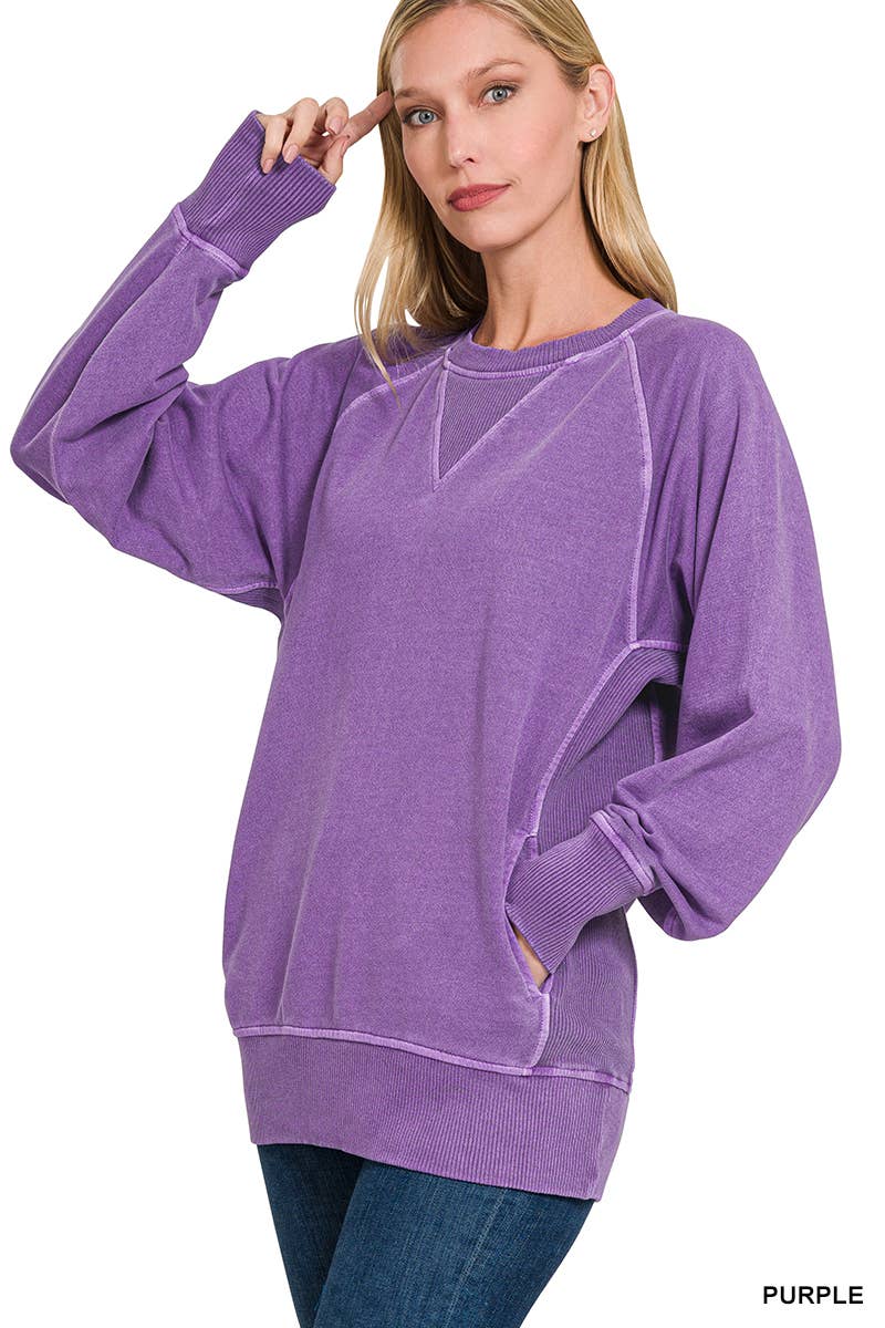 Zenana Washed French Terry Pullover With Side Pockets