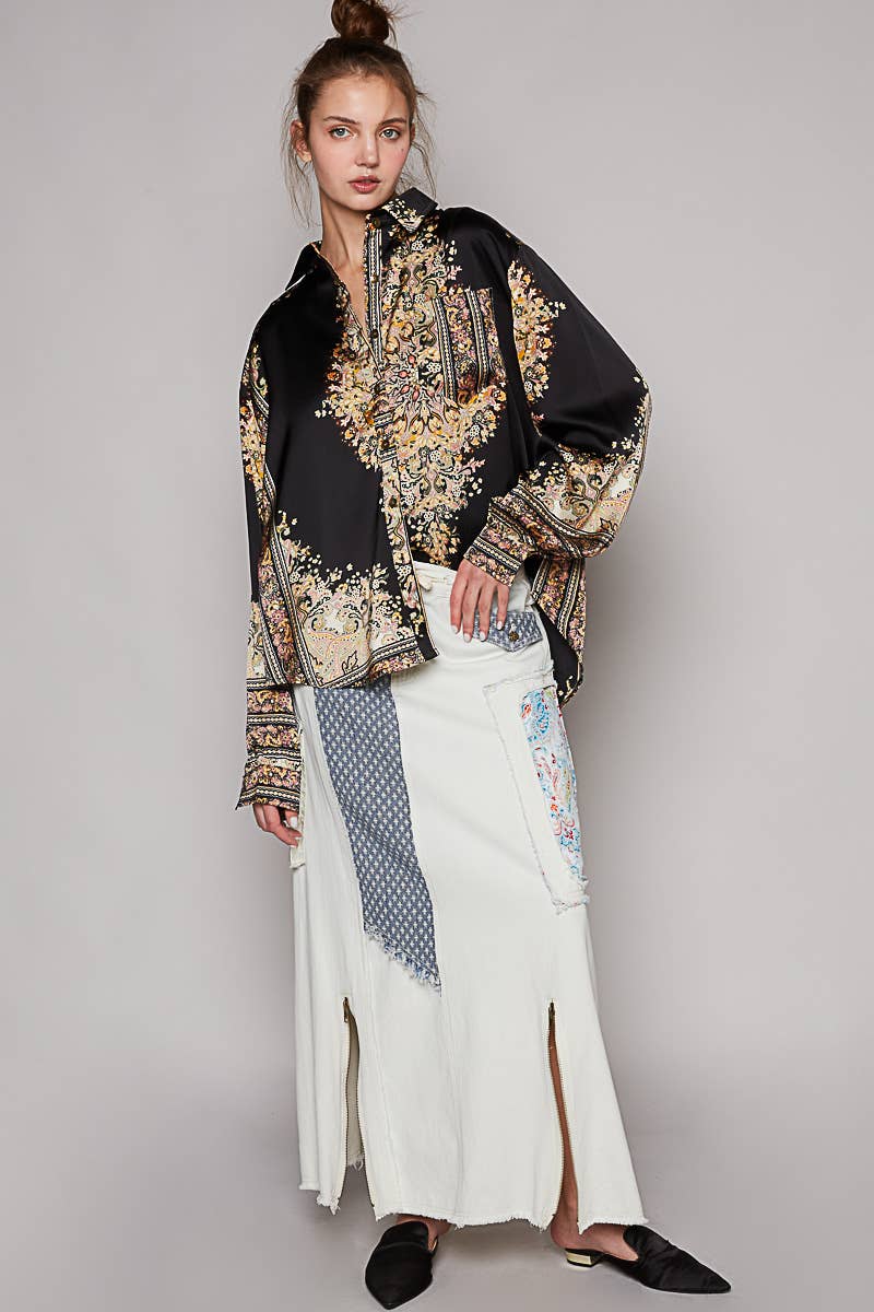 Long sleeve woven prints button down shirt