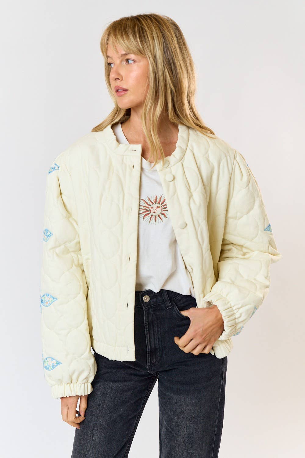 Lalavon Floral Patch Quilted Puffer Jacket
