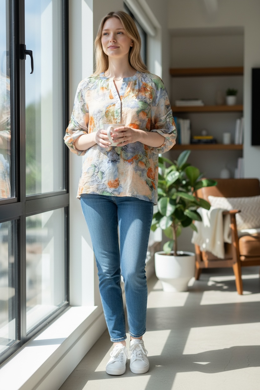 Papa 3/4 Sleeve Summer Top multi coloured