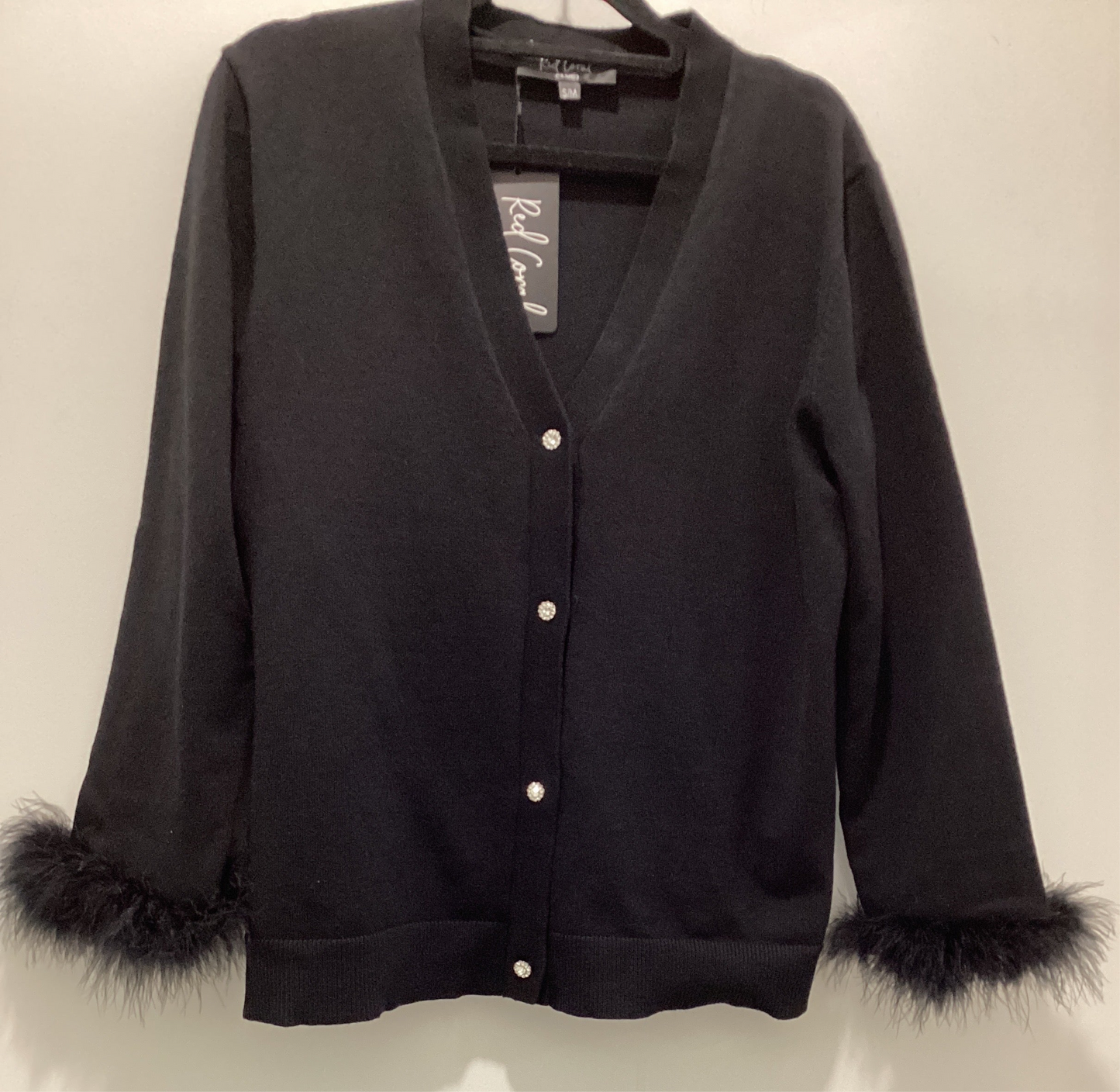 Red Coral knit v-neck crystal button cardigan