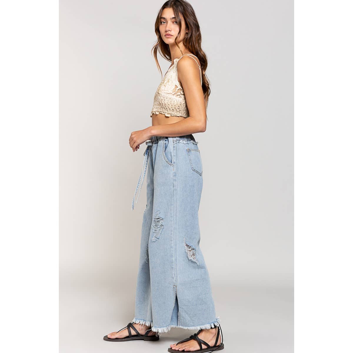 Pol Wide Leg Drawstring Elastic Waist Distressed Denim Pants