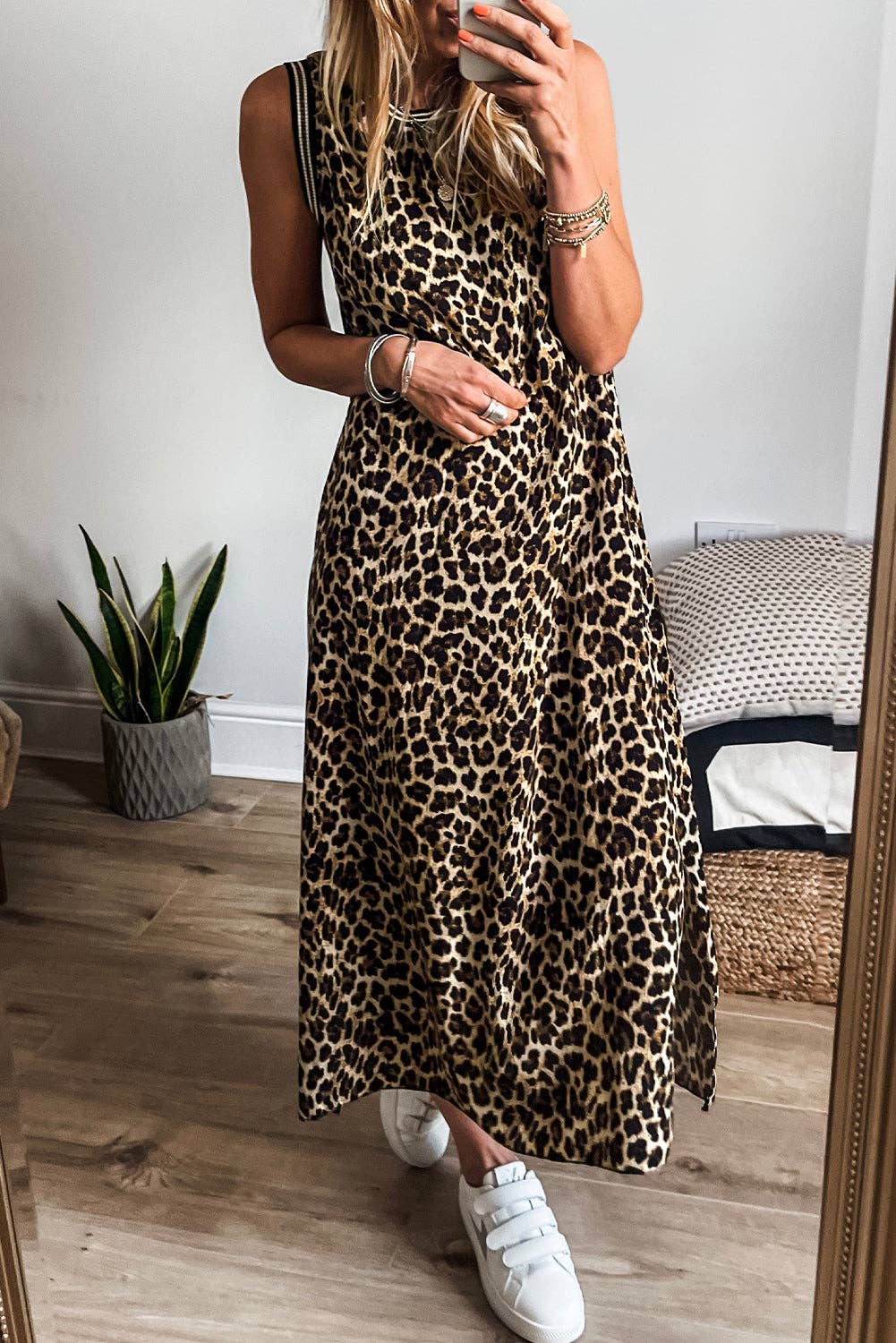 Lovesoft Black Contrast Striped Trim Leopard Sleeveless Maxi Dress