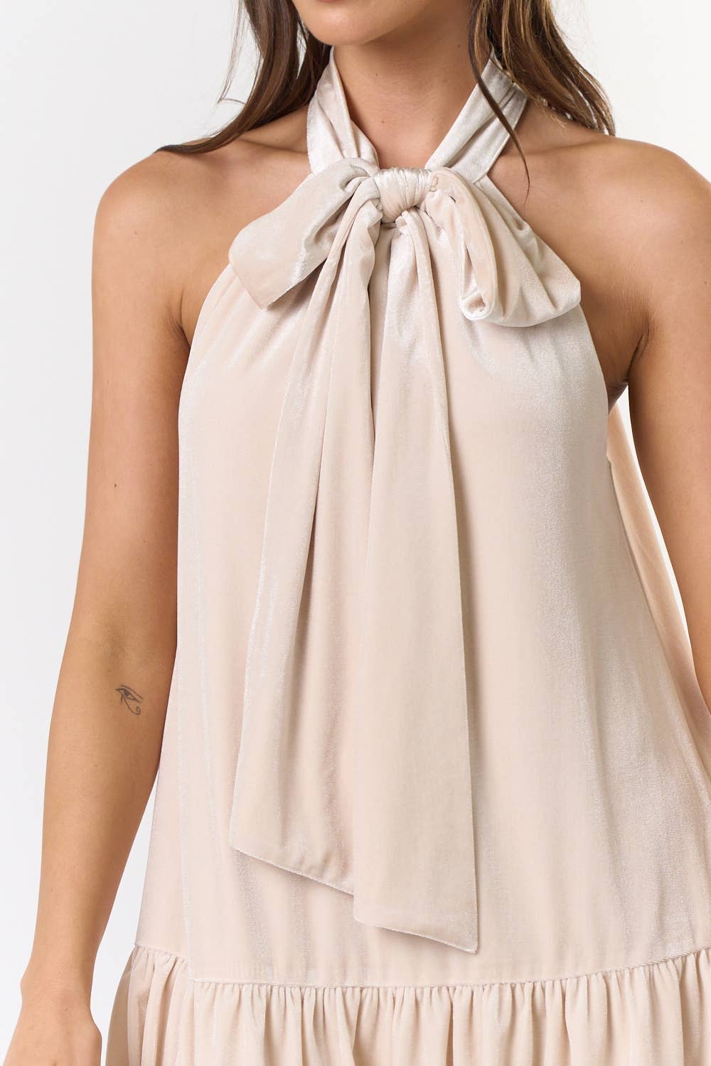 Lalavon Velvet Halter Bow Tie Bubble Hem Mini Dress