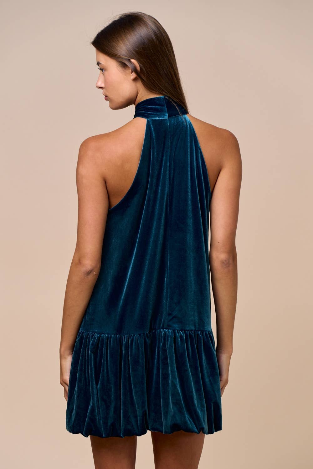 Lalavon Velvet Halter Bow Tie Bubble Hem Mini Dress