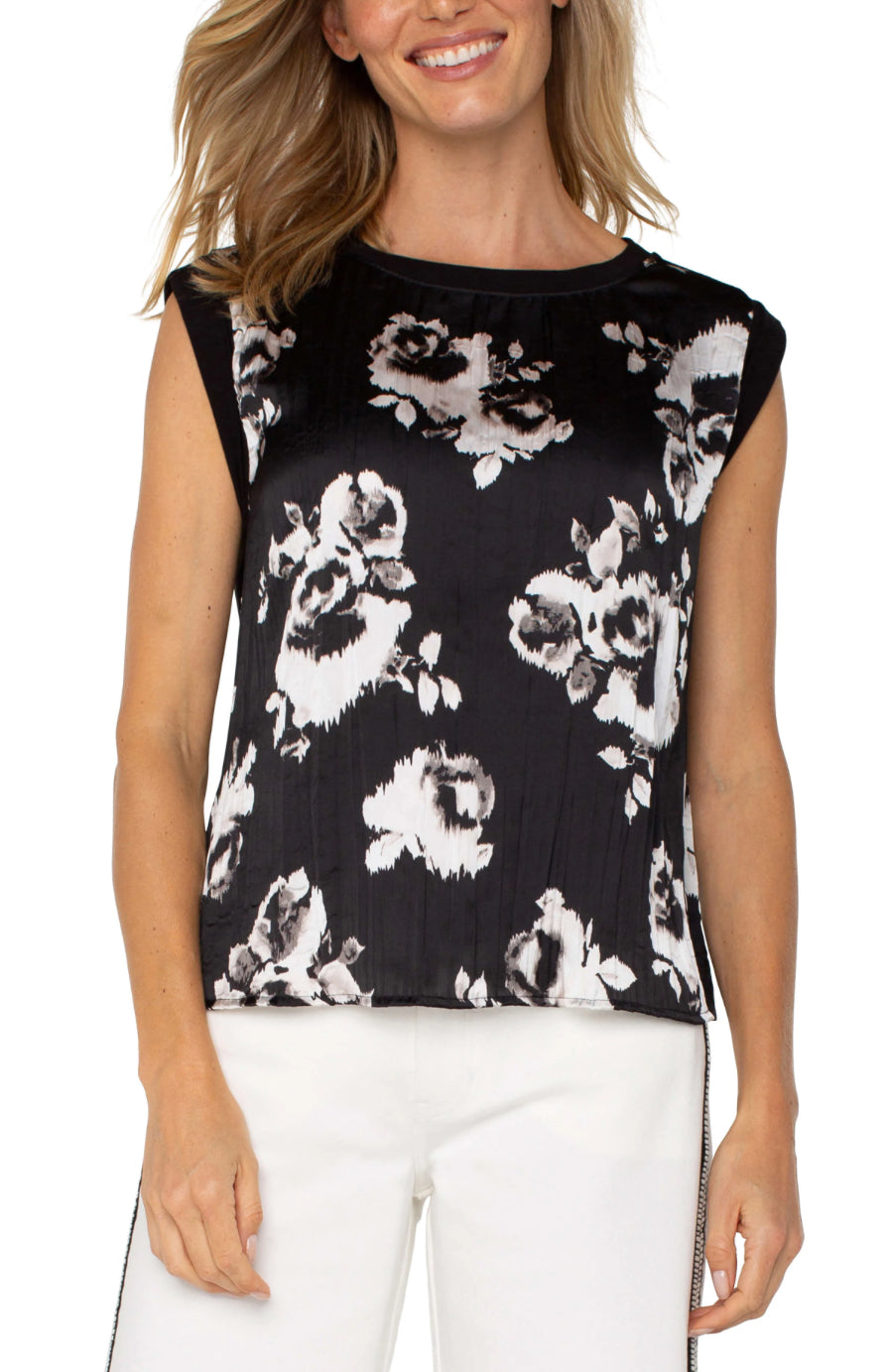 Liverpool sleeveless woven to knit top black white floral