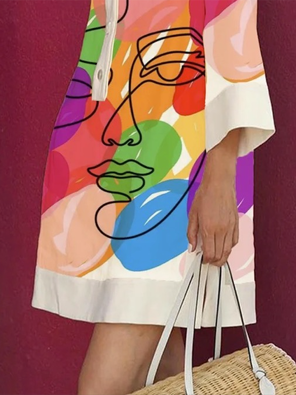 Multi coloured Face Midi Dress with Three-Quarter Sleeves