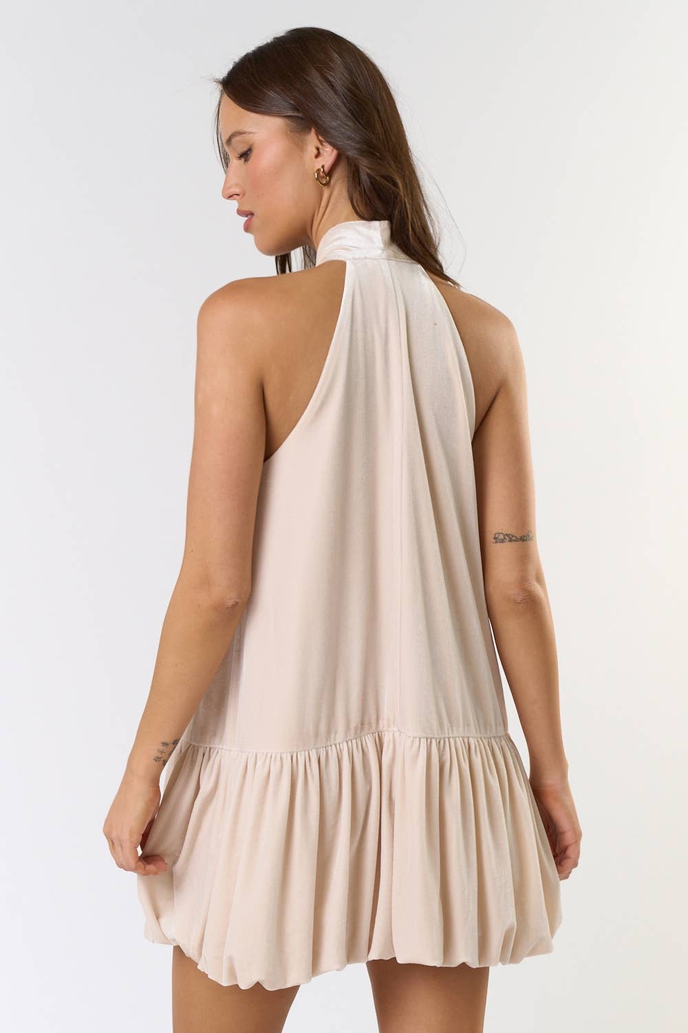 Lalavon Velvet Halter Bow Tie Bubble Hem Mini Dress
