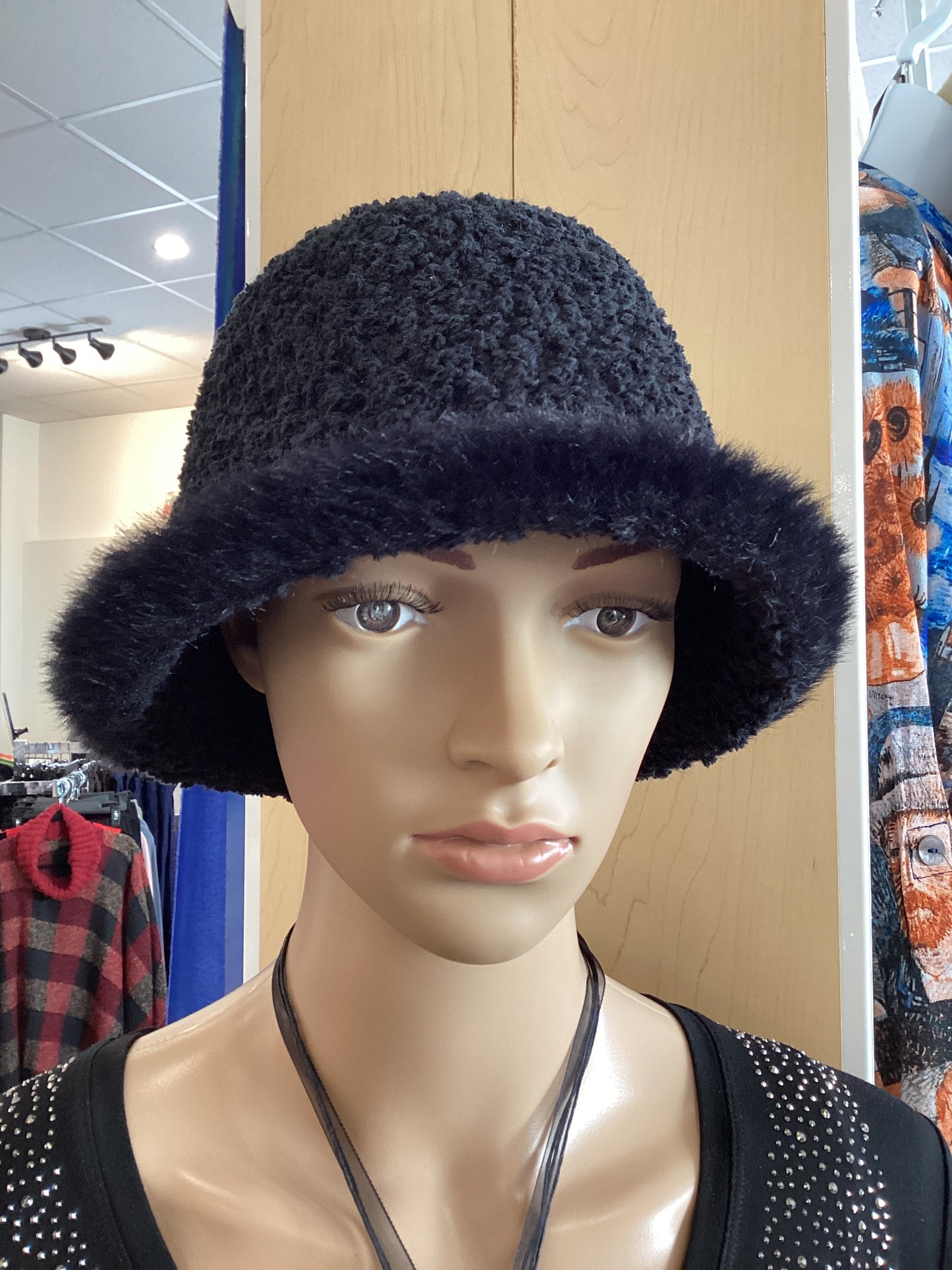 Fuzzy winter bucket hat with brim