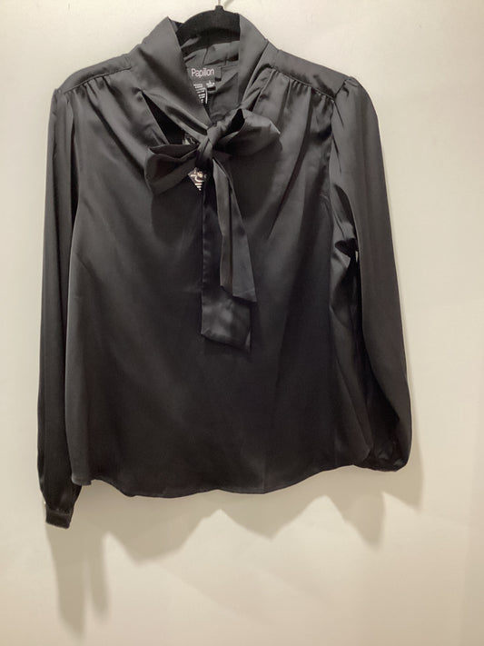 Papillon black satin look top tie neck