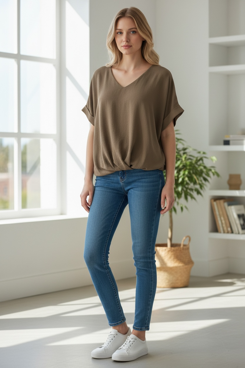 Papa Taupe V-Neck Hi-Low Top