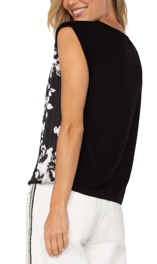 Liverpool sleeveless woven to knit top black white floral