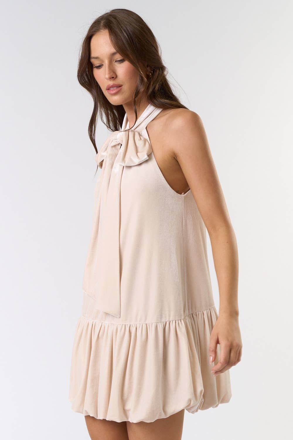 Lalavon Velvet Halter Bow Tie Bubble Hem Mini Dress