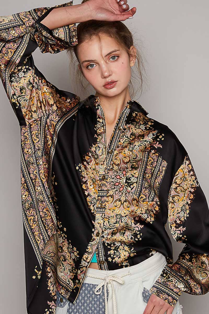 Long sleeve woven prints button down shirt