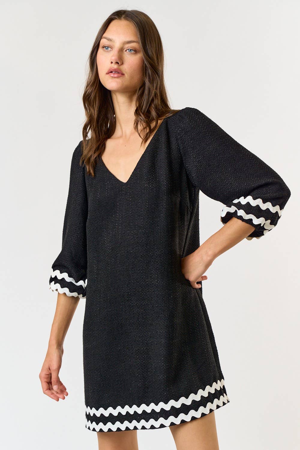 Lalavon BOUCLE RIC RAC HALF SLEEVE V-NECK MINI DRESS