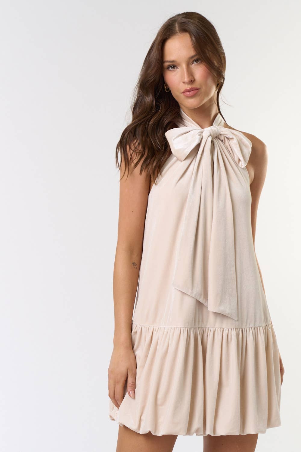 Lalavon Velvet Halter Bow Tie Bubble Hem Mini Dress