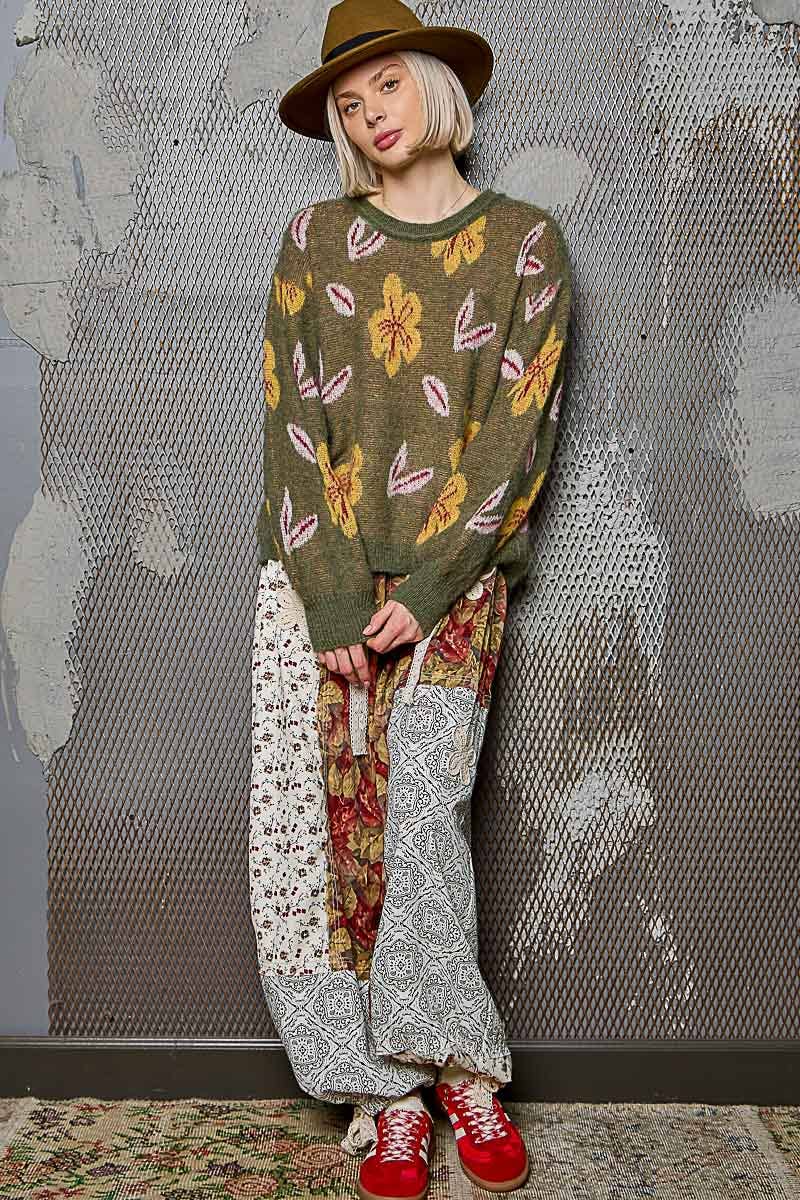 Pol Round neck balloon sleeve floral mohair sweater top