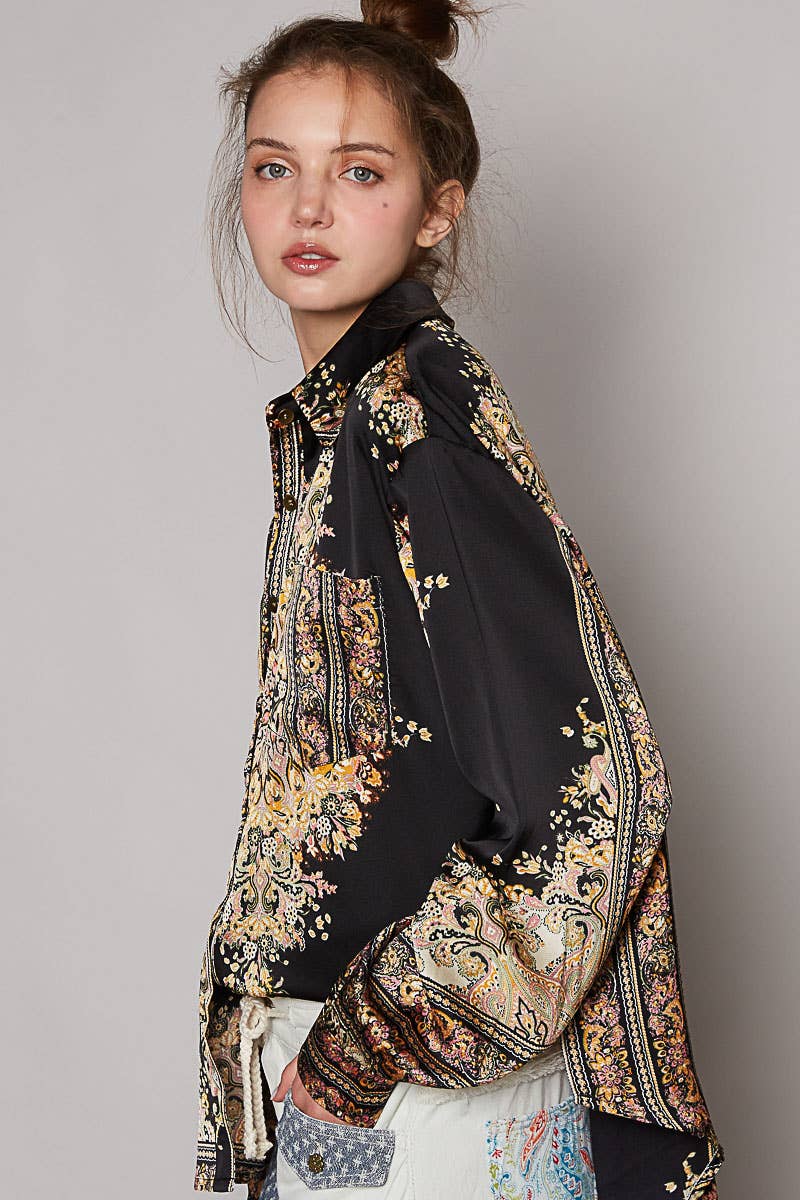 Long sleeve woven prints button down shirt
