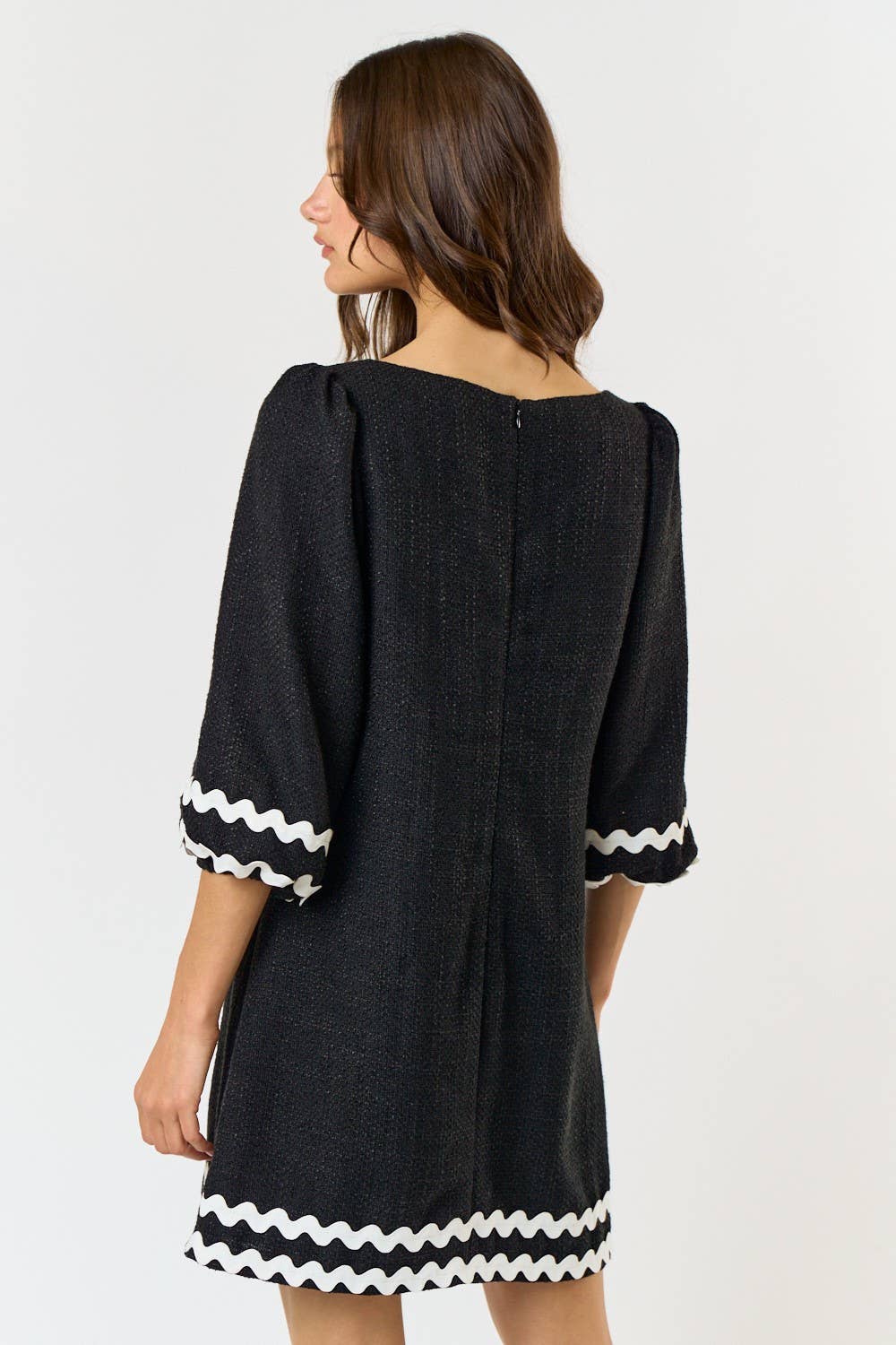 Lalavon BOUCLE RIC RAC HALF SLEEVE V-NECK MINI DRESS