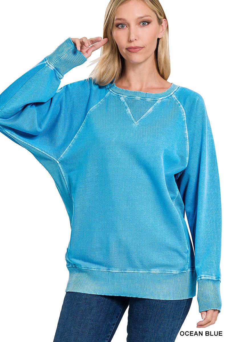 Zenana Washed French Terry Pullover With Side Pockets