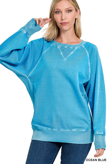 Zenana Washed French Terry Pullover With Side Pockets