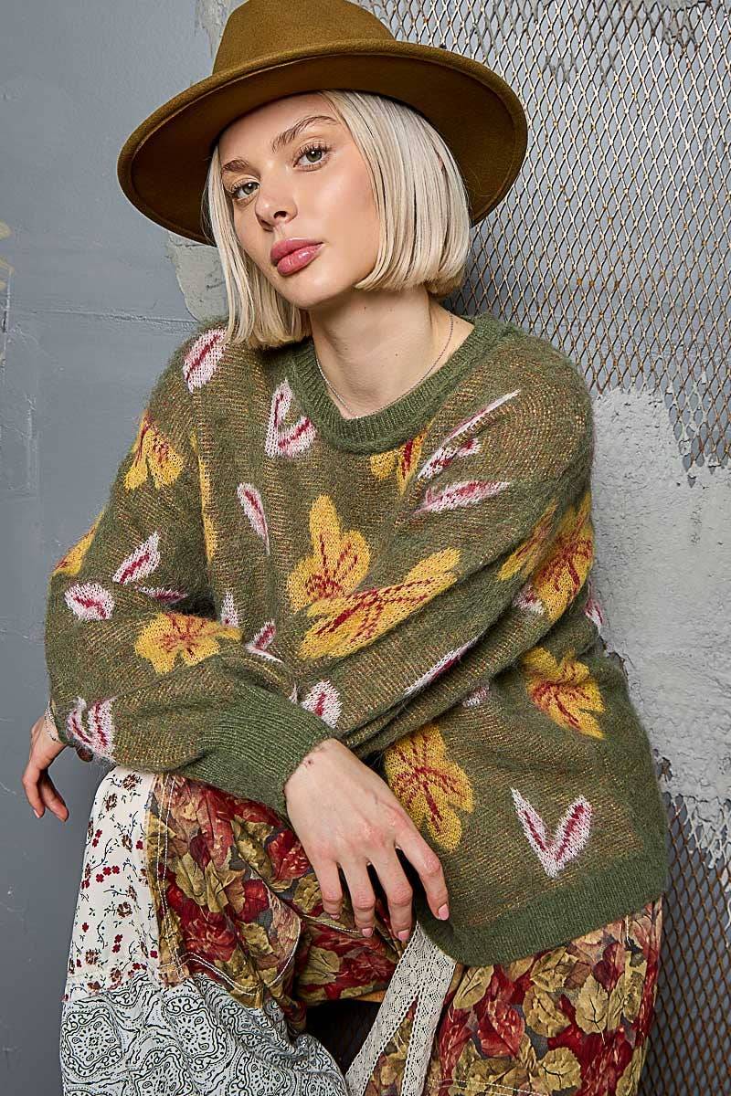 Pol Round neck balloon sleeve floral mohair sweater top