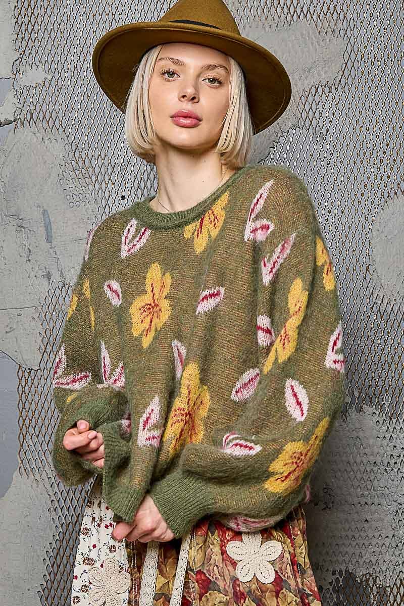 Pol Round neck balloon sleeve floral mohair sweater top