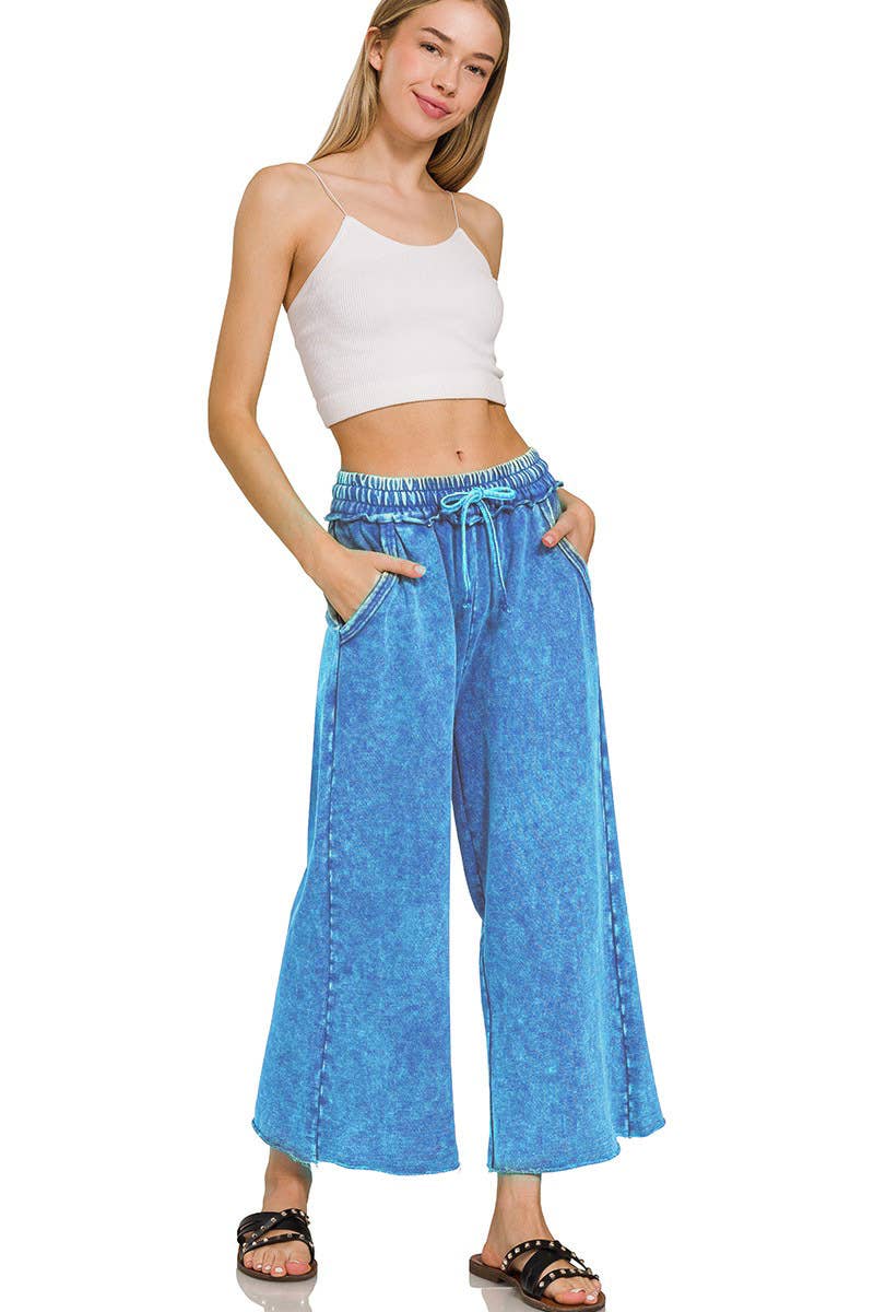 Zenana Washed French Terry Palazzo Pants With Pockets