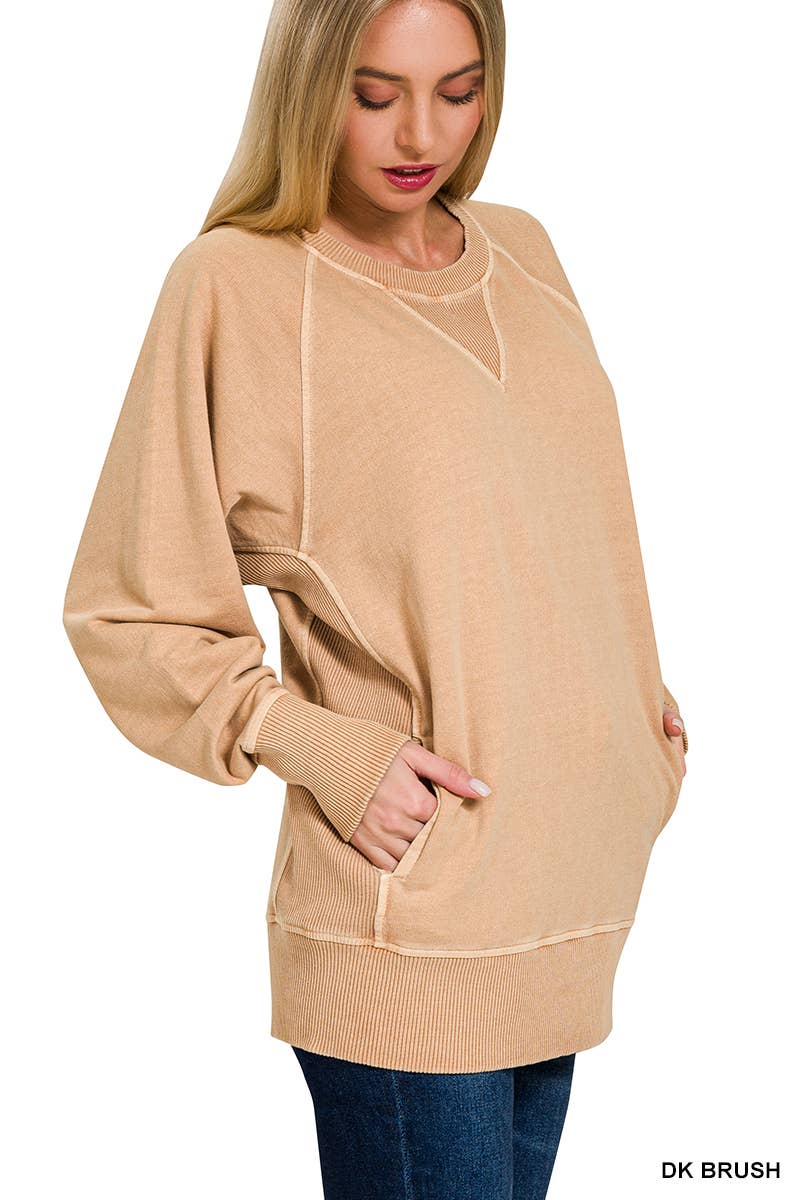 Zenana Washed French Terry Pullover With Side Pockets
