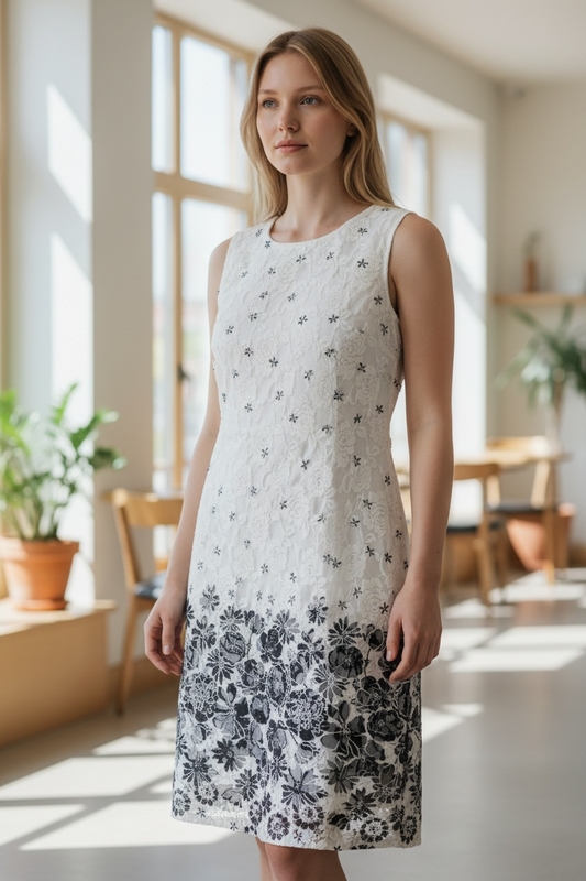 Papa Sleeveless Lined Dress, white w/ navy flower details