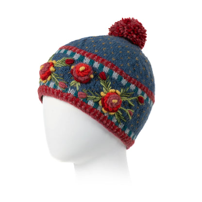 Aubrey Hand Knit Wool Beanie | Embroidered Floral Hat