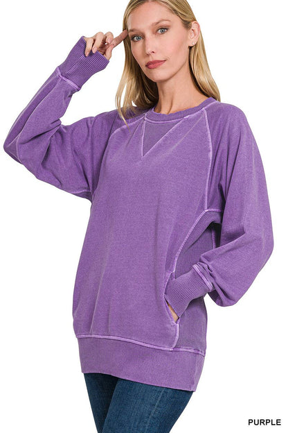 Zenana Washed French Terry Pullover With Side Pockets