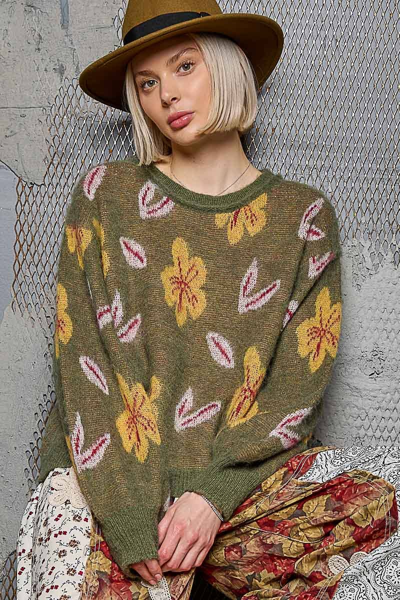 Pol Round neck balloon sleeve floral mohair sweater top