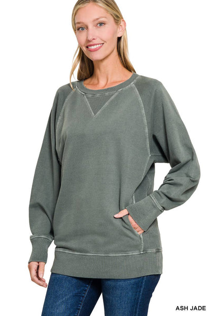 Zenana Washed French Terry Pullover With Side Pockets