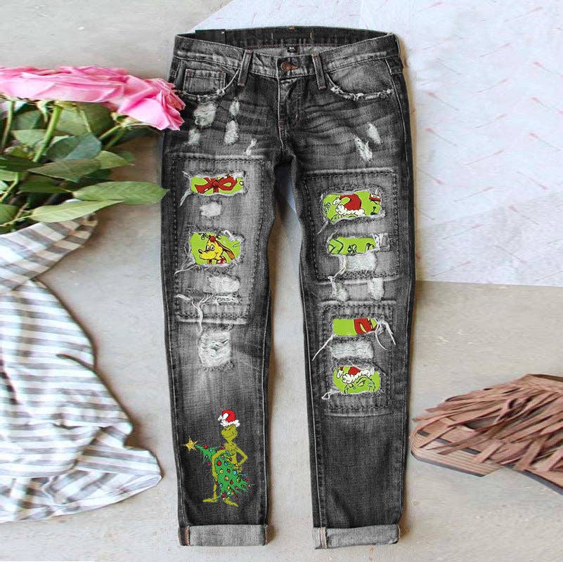 Women’s Distressed Straight Leg Jeans with Grinch