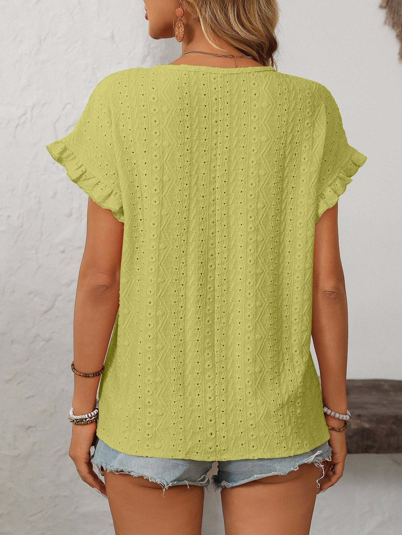 Lovesoft Solid Color Crewneck Sweet Short-Sleeve Hollow-Out Top