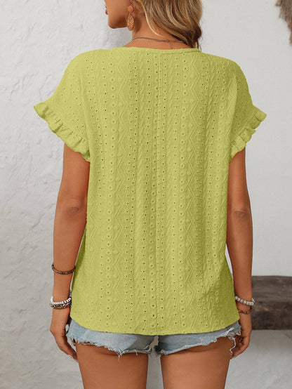 Lovesoft Solid Color Crewneck Sweet Short-Sleeve Hollow-Out Top