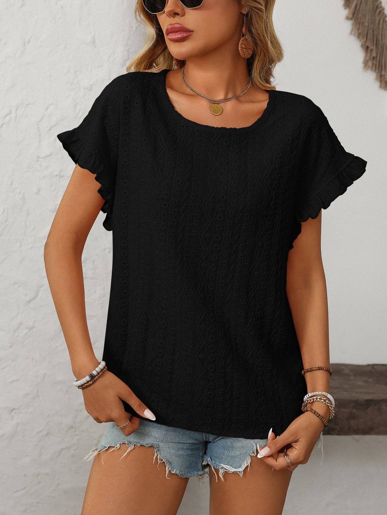 Lovesoft Solid Color Crewneck Sweet Short-Sleeve Hollow-Out Top