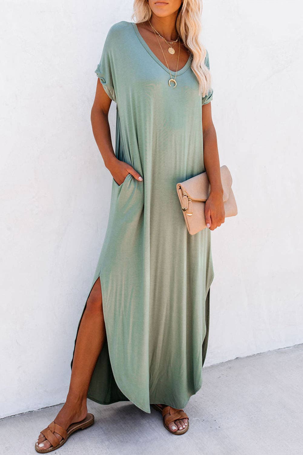 Lovesoft V Neck Hidden Pocket Splits Maxi T-shirt Dress