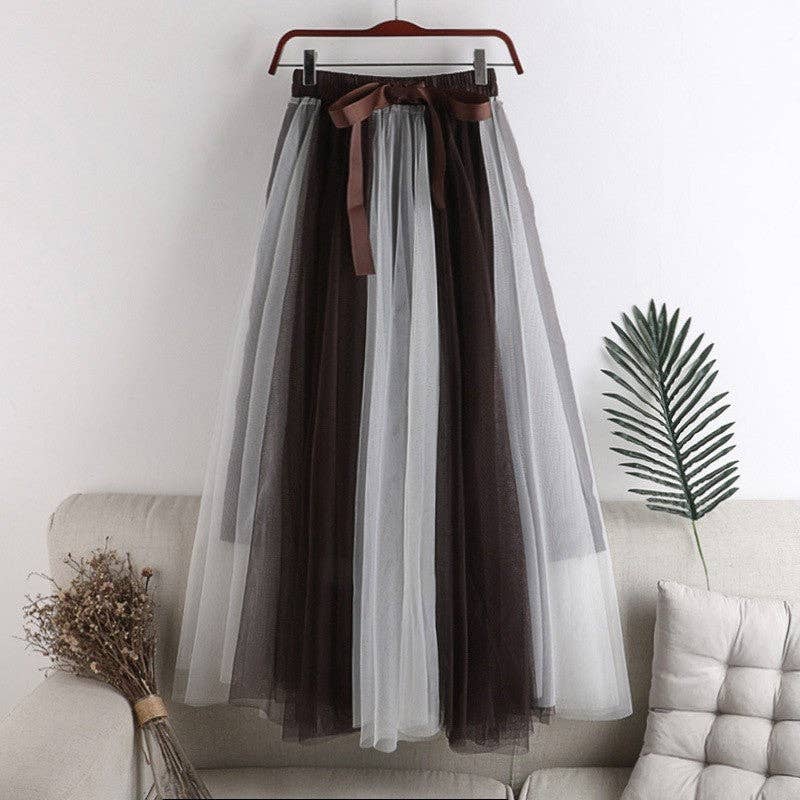 Color Block Mesh Midi Skirt
