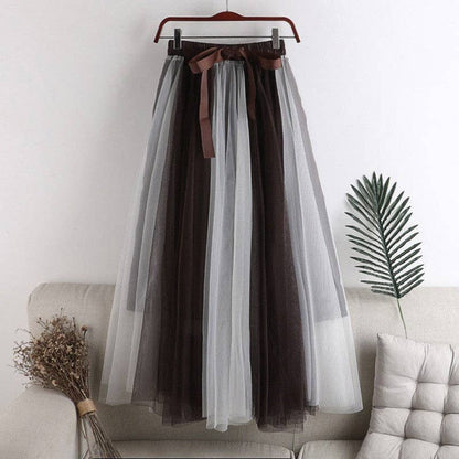 Color Block Mesh Midi Skirt