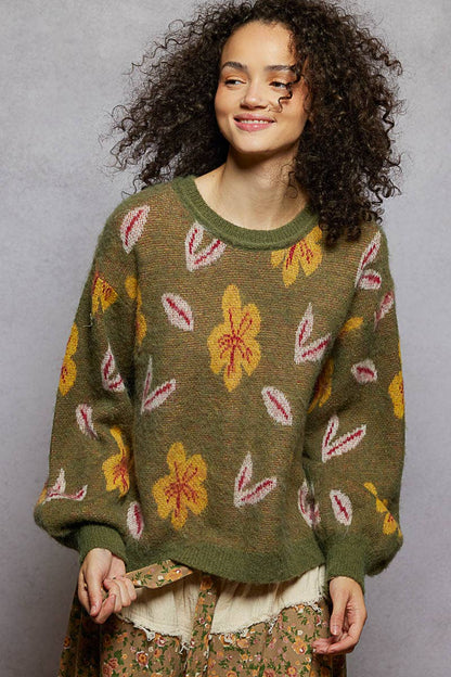 Pol Round neck balloon sleeve floral mohair sweater top