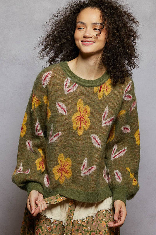 Pol Round neck balloon sleeve floral mohair sweater top