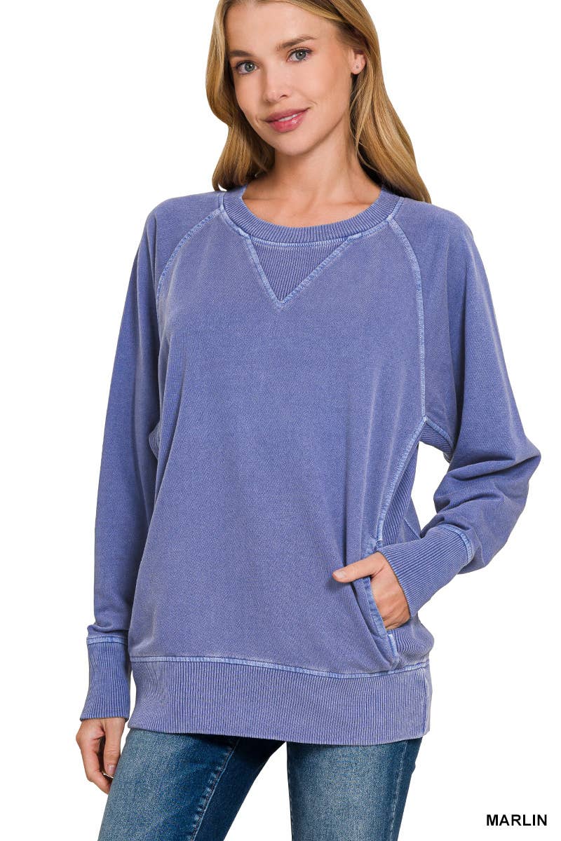Zenana Washed French Terry Pullover With Side Pockets