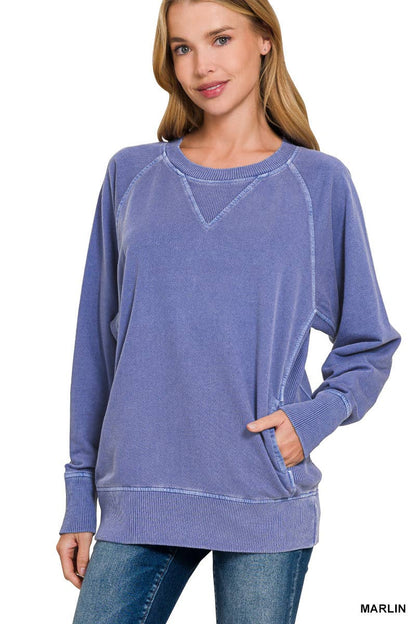 Zenana Washed French Terry Pullover With Side Pockets