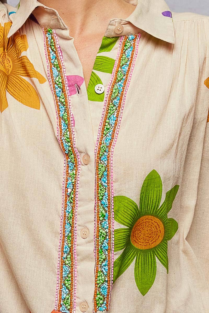 Long Sleeve Shirred Shoulder Beads Floral Print Shirt Dress