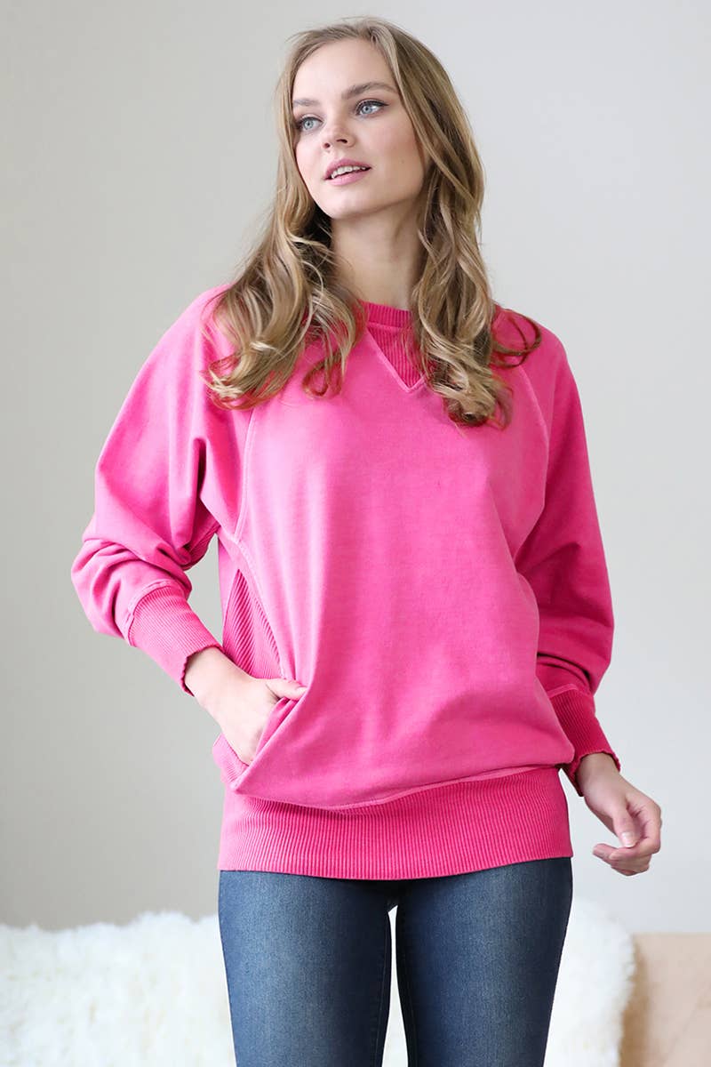 Zenana Washed French Terry Pullover With Side Pockets