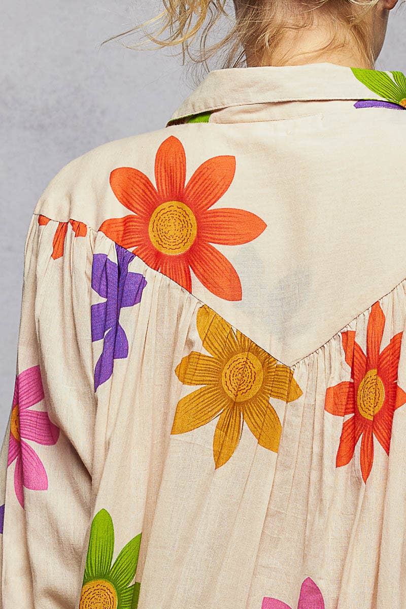 Long Sleeve Shirred Shoulder Beads Floral Print Shirt Dress