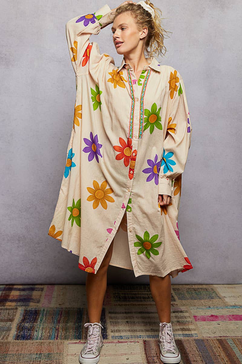 Long Sleeve Shirred Shoulder Beads Floral Print Shirt Dress
